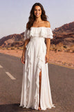Ruffled Ivory A Line Long Western Wedding Dress with Slit