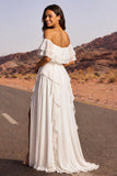 Ruffled Ivory A Line Long Western Wedding Dress with Slit