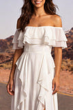 Ruffled Ivory A Line Long Western Wedding Dress with Slit