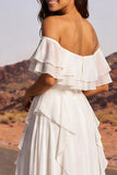 Ruffled Ivory A Line Long Western Wedding Dress with Slit