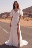 A Line Lace Ivory V Neck Long Boho Western Wedding Dress with Slit