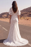 A Line Lace Ivory V Neck Long Boho Western Wedding Dress with Slit