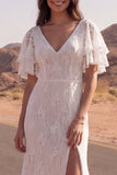 A Line Lace Ivory V Neck Long Boho Western Wedding Dress with Slit