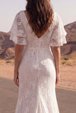 A Line Lace Ivory V Neck Long Boho Western Wedding Dress with Slit