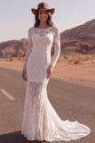 Mermaid Ivory Lace  Boho Long Western Wedding Dress