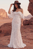 Lace Ruffled Ivory Off the Shoulder Long Boho Wedding Western Dress