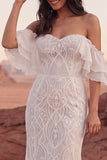 Lace Ruffled Ivory Off the Shoulder Long Boho Wedding Western Dress