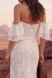 Lace Ruffled Ivory Off the Shoulder Long Boho Wedding Western Dress