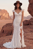 Lace Ivory Ruffled Mermaid Long Boho Western Wedding Dress with Slit