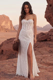 Lace Sweetheart Corset Mermaid Long Boho Western Wedding Dress with Slit