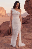 Ivory Lace One Shoulder Ruffled Long Boho Western Wedding Dress