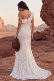 Ivory Lace One Shoulder Ruffled Long Boho Western Wedding Dress