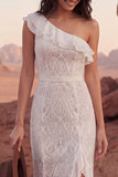 Ivory Lace One Shoulder Ruffled Long Boho Western Wedding Dress