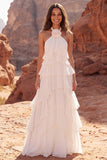 Ivory Tiered A Line Ruffled Long Western Wedding Dress