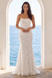Ivory Appliqued Floral Mermaid Long Beach Wedding Dress
