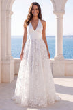 A Line Ivory Floral Appliqued Long Beach Wedding Dress