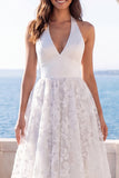 A Line Ivory Floral Appliqued Long Beach Wedding Dress