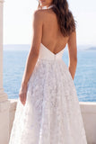 A Line Ivory Floral Appliqued Long Beach Wedding Dress