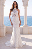 Mermaid Floral Ivory Halter Neck Long Beach Wedding Dress