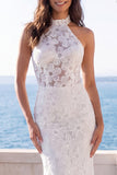 Mermaid Floral Ivory Halter Neck Long Beach Wedding Dress