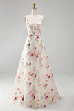 A Line Floral Ivory V Neck Long Beach Wedding Dress