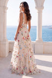 A Line Floral Ivory V Neck Long Beach Wedding Dress