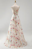 A Line Floral Ivory V Neck Long Beach Wedding Dress