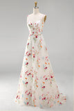 A Line Floral Ivory V Neck Long Beach Wedding Dress