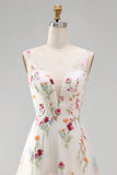 A Line Floral Ivory V Neck Long Beach Wedding Dress