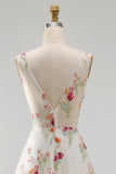A Line Floral Ivory V Neck Long Beach Wedding Dress