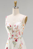 A Line Floral Ivory V Neck Long Beach Wedding Dress
