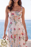 Thick Straps A Line Corset Ivory Floral Long Beach Wedding Dress