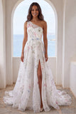 Ivory Floral A Line One Shoulder Long Beach Wedding Dress with Slit