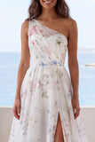 Ivory Floral A Line One Shoulder Long Beach Wedding Dress with Slit