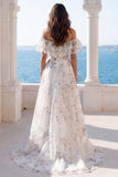 Ivory Off the Shoulder Floral Ruffled Long Beach Wedding Dress