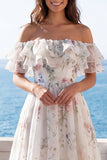 Ivory Off the Shoulder Floral Ruffled Long Beach Wedding Dress