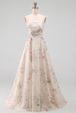 Strapless Floral A Line Ivory Long Beach Wedding Dress