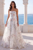 Strapless Floral A Line Ivory Long Beach Wedding Dress