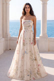 Strapless Floral A Line Ivory Long Beach Wedding Dress