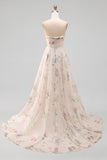 Strapless Floral A Line Ivory Long Beach Wedding Dress