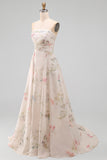 Strapless Floral A Line Ivory Long Beach Wedding Dress