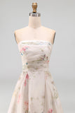 Strapless Floral A Line Ivory Long Beach Wedding Dress
