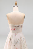 Strapless Floral A Line Ivory Long Beach Wedding Dress