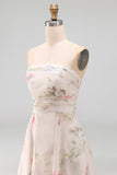 Strapless Floral A Line Ivory Long Beach Wedding Dress