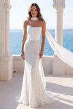 Sparkly Beaded Corset Mermaid Ivory Long Beach Wedding Dress