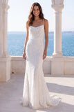 Spaghetti Straps Sparkly Ivory Long Beach Wedding Dress