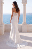 Spaghetti Straps Sparkly Ivory Long Beach Wedding Dress
