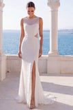 Ivory Mermaid Cut Out Long Beach Wedding Dress with Slit