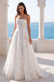 Ivory Floral Lace Strapless Backless Long Boho Beach Wedding Dress
