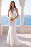 Ivory Floral Halter Neck Mermaid Long Boho Beach Wedding Dress